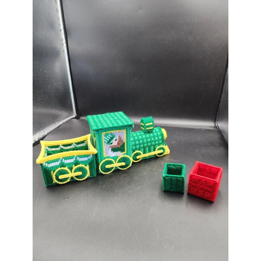 Vtg Canvas Needlepoint Christmas Train Engine & Coal Car W/2 Gifts Holiday Decor
